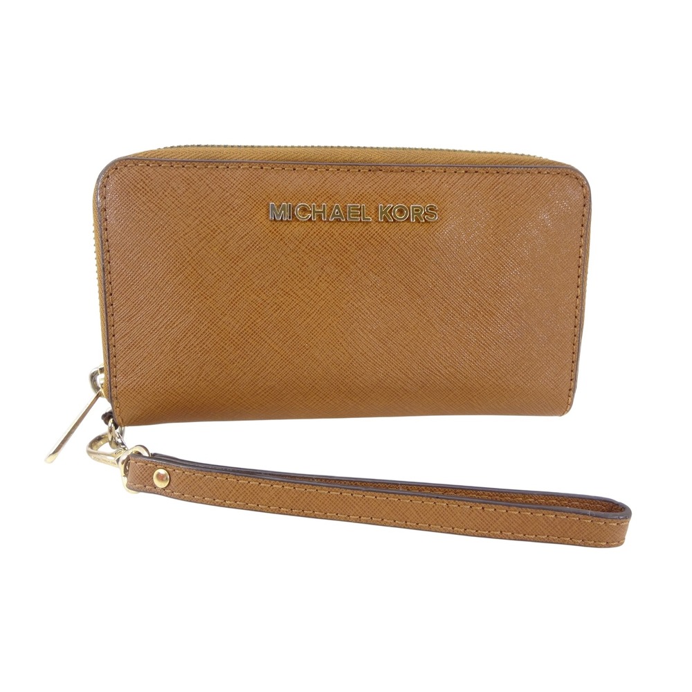 Michael Kors Jet Set Lg Smartphone Wristlet Wallet Luggage Brown Saffiano